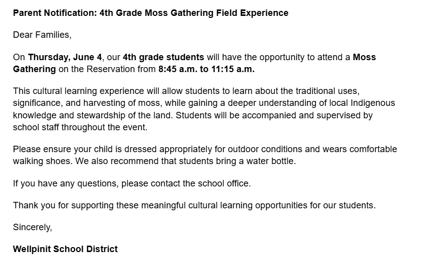Notification to families of moss gathering on Thursday June 4th